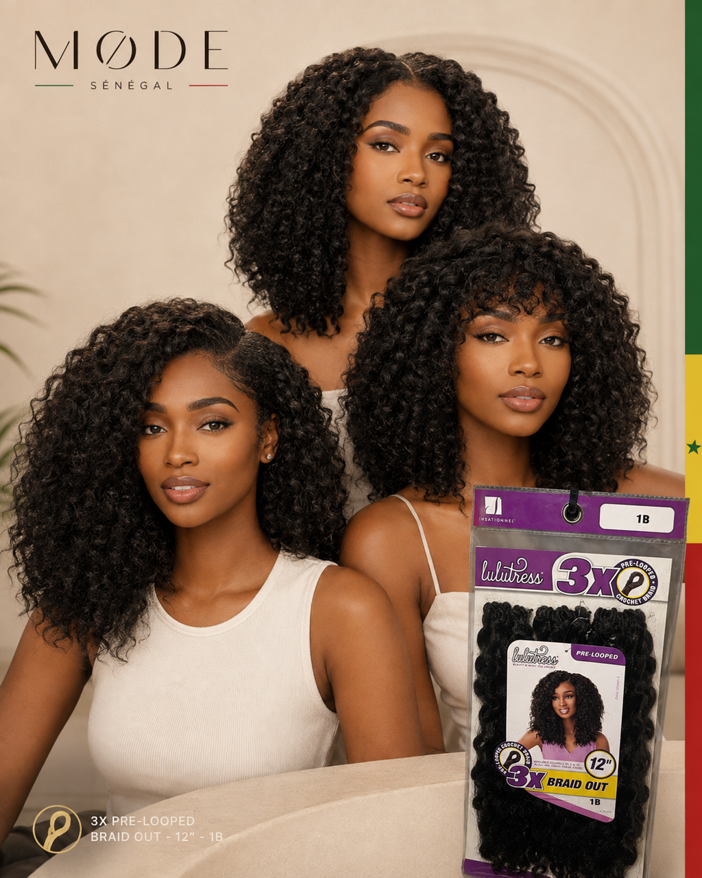 Lulutress 3X Pre-Looped Crochet Braid — 12” Braid Out, 1B